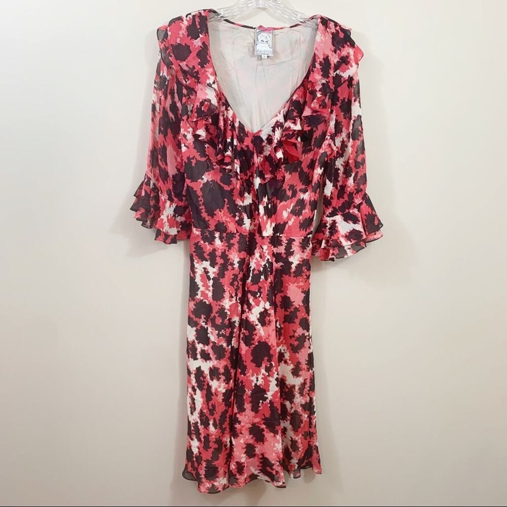 Yoana Baraschi Silk Ruffle V-Neck Red/Black Midi Dress